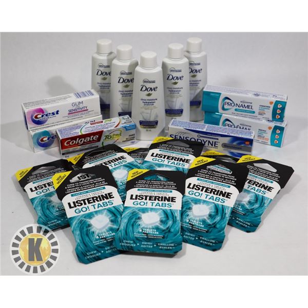BAG OF DENTAL HYGIENE ITEMS AND DOVE  BODY WASH