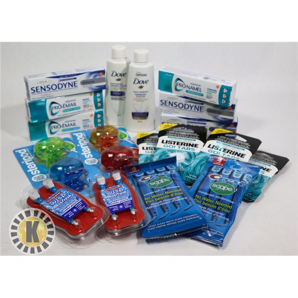 BAG OF DENTAL HYGIENE ITEMS AND DOVE  BODY WASH
