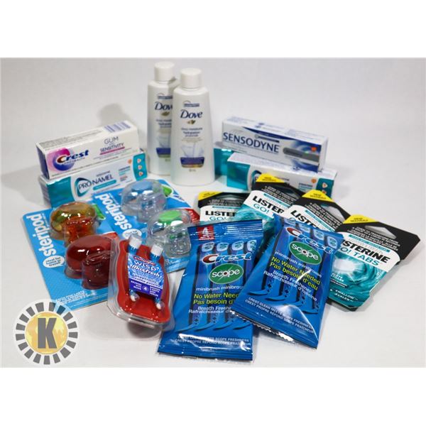 BAG OF DENTAL HYGIENE ITEMS AND DOVE  BODY WASH