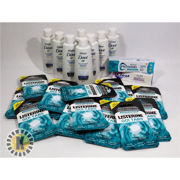 ASSORTED BAG OF DENTAL PRODUCTS AND DOVE BODY WASH