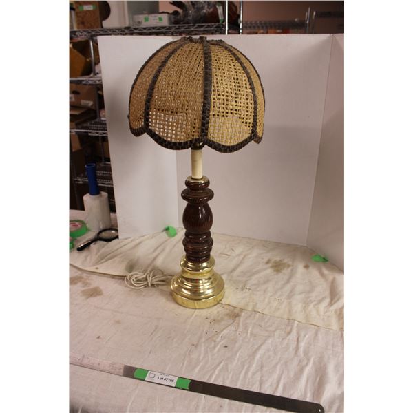 wooden candlestick style lamp with shade