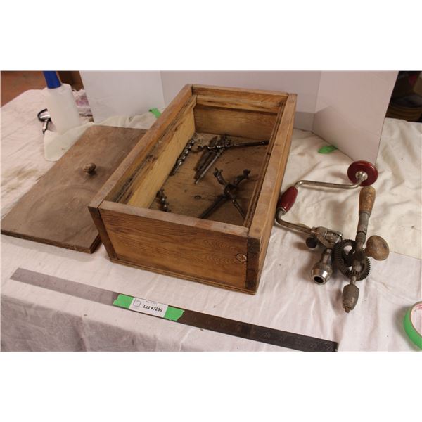 hand drill brace & auger bits in wooden box 12x20