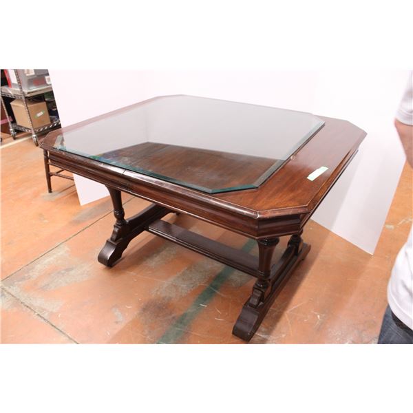 wooden dining room table with glass top 39 x50  38 x38 