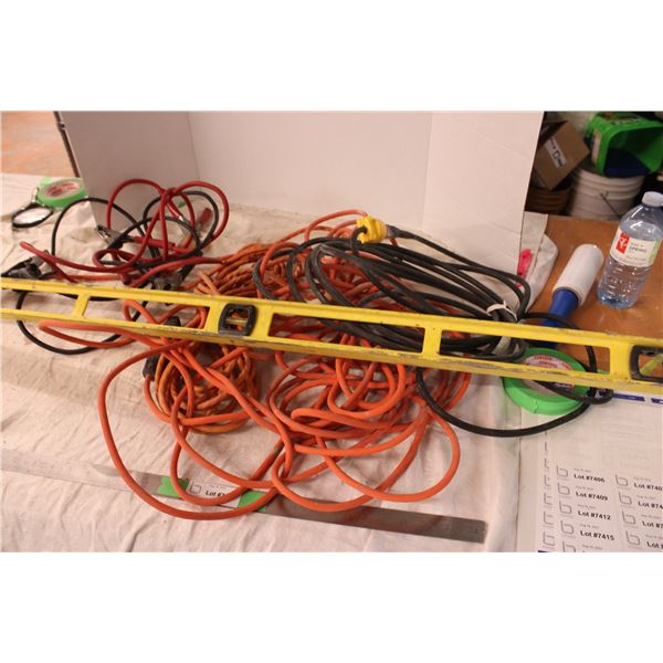 3 extension cords, booster cables, plastic level