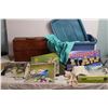 Image 1 : Rubbermaid Tote, Shaklee Bag, Rummy-o game, doilies, clothing, calendars