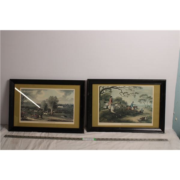 Vintage Prints in frame "Coursing a view in Hatfield Park" + "Fox Hunting" - 19.5" + 13"