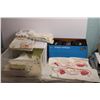 Image 1 : Plastic Organizer with embroidery, doilies, pillow cases, tablecloths. Dakota dunes lunchbags