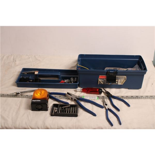 Rubbermaid toolbox with handtools, screwdriver, pliers, light