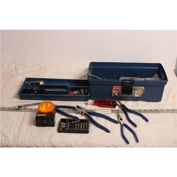 Rubbermaid toolbox with handtools, screwdriver, pliers, light