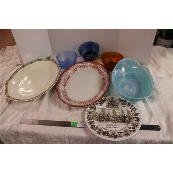 serving plate, glass bowls, glassware