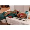 Image 1 : computer bag, apron, table covering and misc, items frying pan