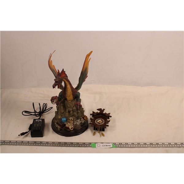 Made in West Germany miniature coo coo clock (missing key) + Large Dragon Statue (broken on/off swit