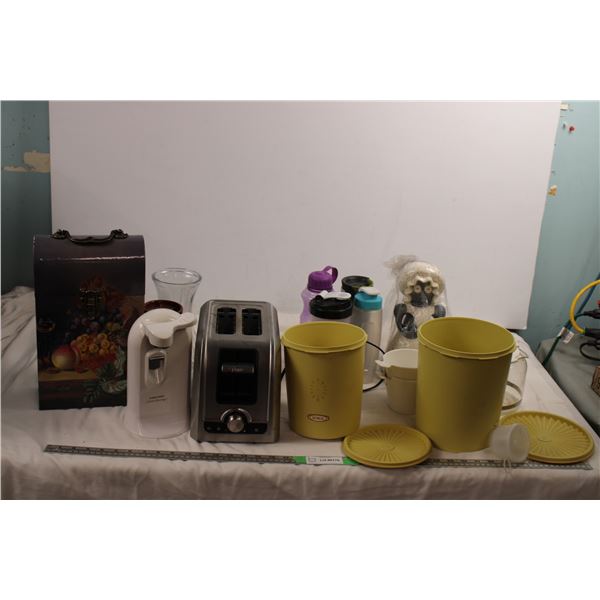 toaster, tupperware, can opener, kitchen items, wine container with contents