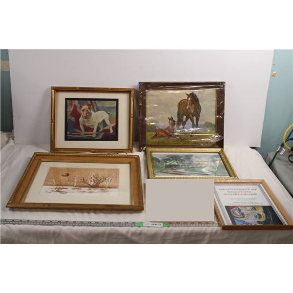 framed pictures, train(newpaper clipping?) horse painting (by Elmore Brown), bulldog print, swamp pi