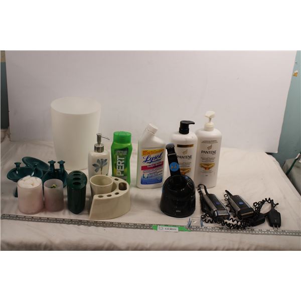 braun electric razors, charger, bathroom soap/toothbrush holders, lotions, cleaner