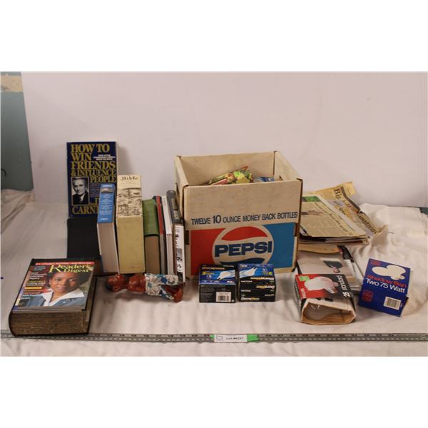 unique figure with movement, pepsi 10oz cardboard crate, light bulbs, books