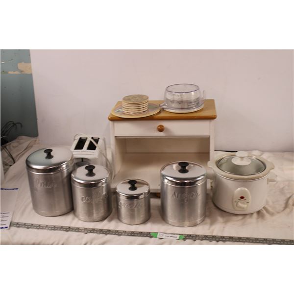 slow cooker, canister set, wooden storage box