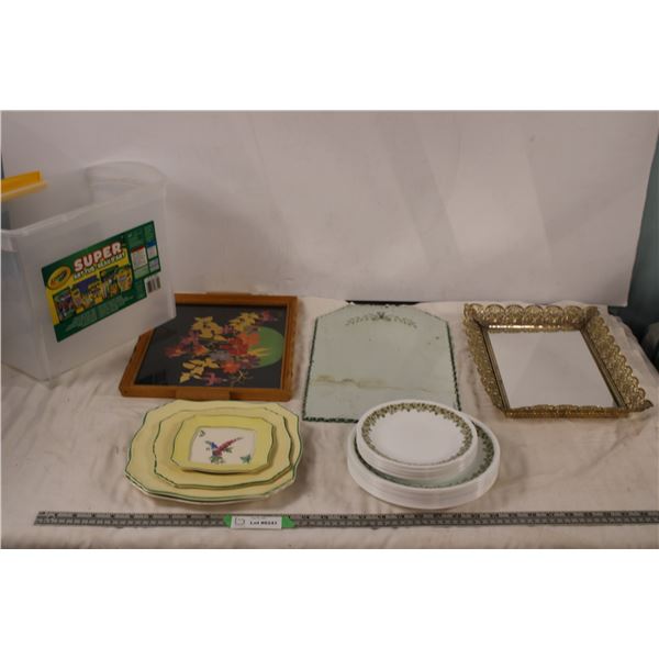 mirrors, corelle plates, serving tray