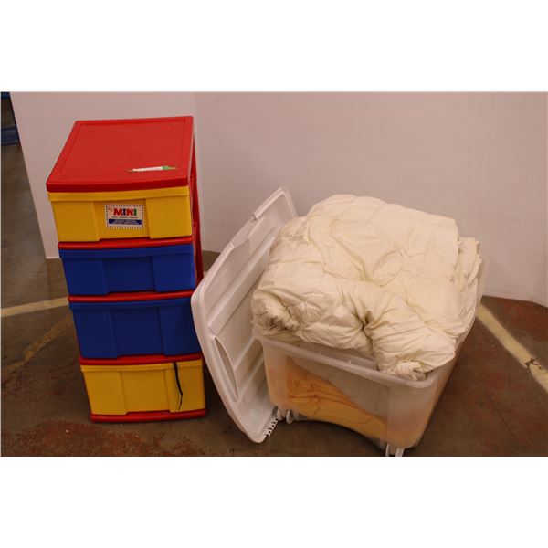 4 tier storage container + blankets + plastic storage tub