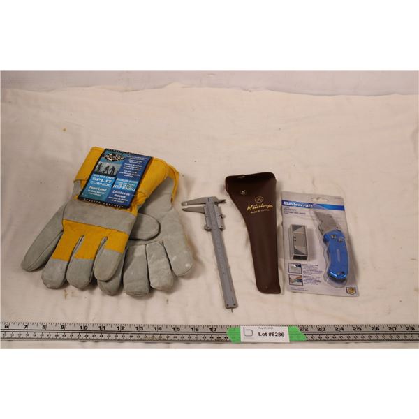 utility knife, calipers, gloves