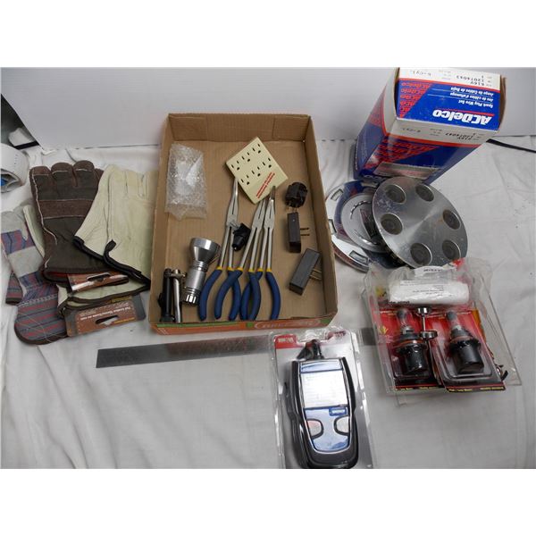 Lot with long needlenose pliers, car health reader, headlights, gloves