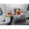 Image 1 : Tote filled with vehicle cleaners, planers peanuts tin, vintage turtlewax tin (one cleaner leaked, c