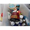 Image 5 : Tote filled with vehicle cleaners, planers peanuts tin, vintage turtlewax tin (one cleaner leaked, c