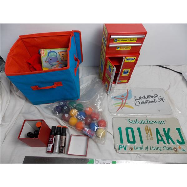 Sask centennial plate, touch up paint, minature billiard set, tiny GM storage cabinet