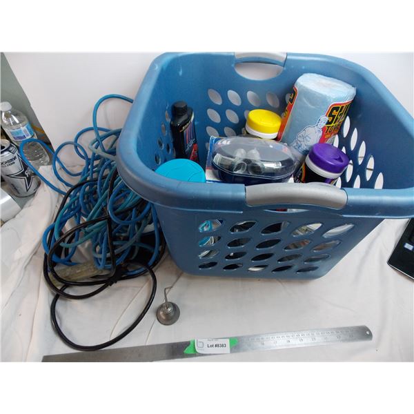 Basket with garage items, extension cords, mini oiler, alternator