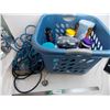 Image 1 : Basket with garage items, extension cords, mini oiler, alternator