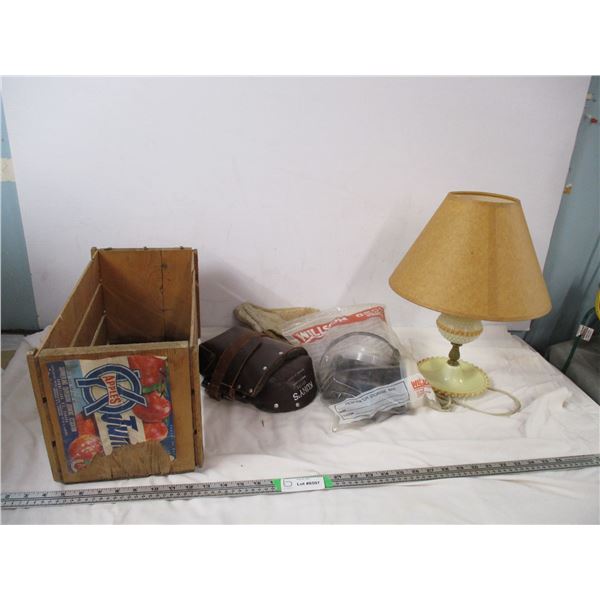 wooden apple crate, lamp, misc