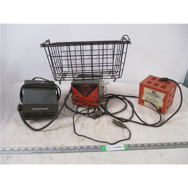 2 battery chargers (not working) car heater plus metal basket