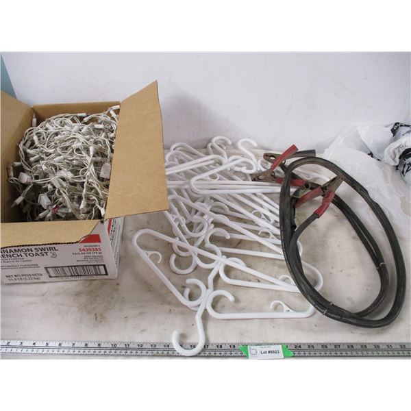 booster cables, christmas lights, hangers + misc