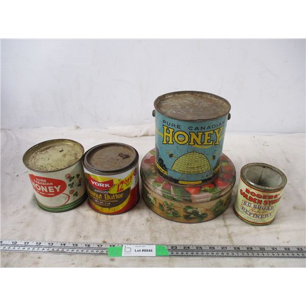 york peanut butter tin, honey tins + other tins