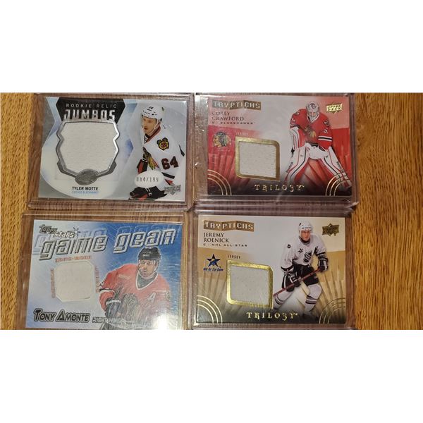 Amonte, Roenick, Crawford, Motte game used Chicago Blackhawks cards