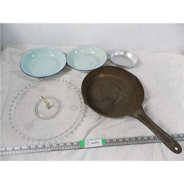 Glass dainty tray + metal pan and dishes