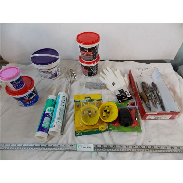 clay tools, walpaper scorer/remover, mudding for drywall, other misc items