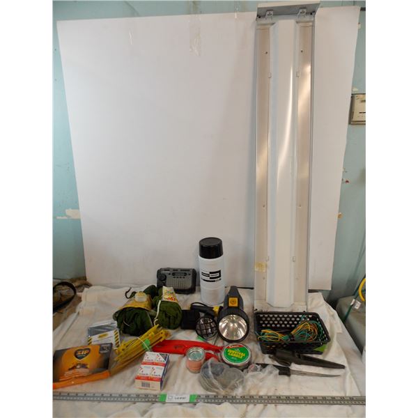 light, flash lights, netting, matches, radio, filleting knife, fish grip