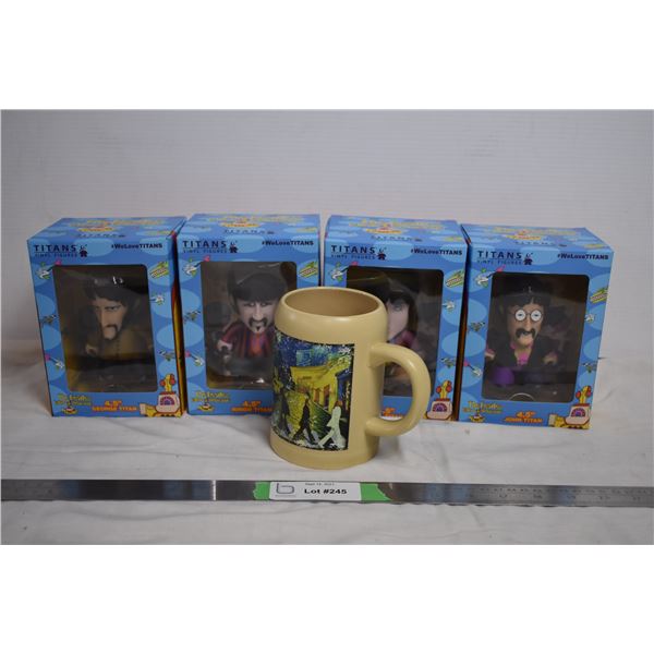 Beatles vinyl figures + ceramic mug