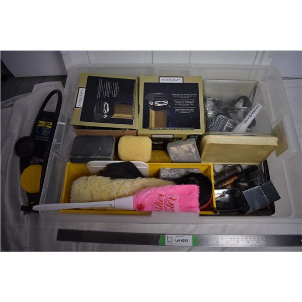 small tote with garage items + used painting rollers