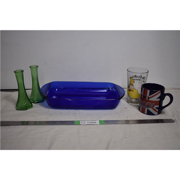 anchor bakeware dish with candlesticks, mug + yellow submarine glass