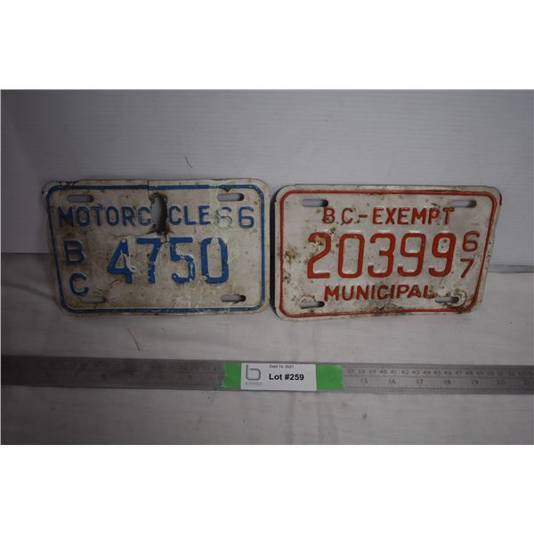 Small BC license plates, 66 motorcylce, 67 municipal