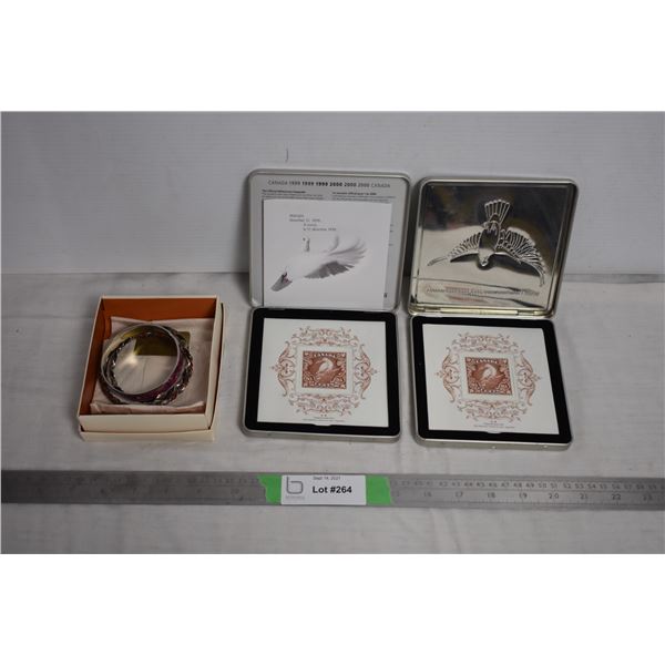 stamps and bracelets (silver?)