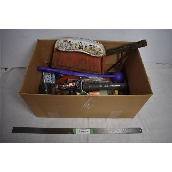 Box of misc metal parrts + vintage garage items