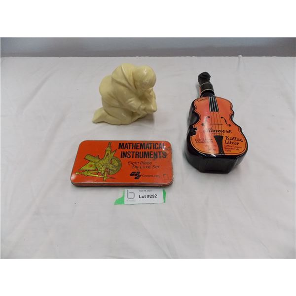 Ceramic eskimo , math set + violin shaped liquor bottle
