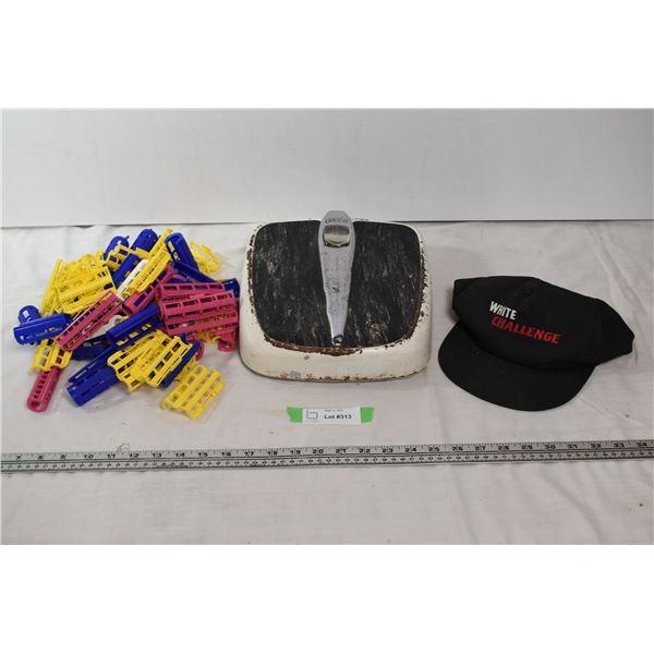 Hair Curlers, Old Bathroom scale, White challenge hat