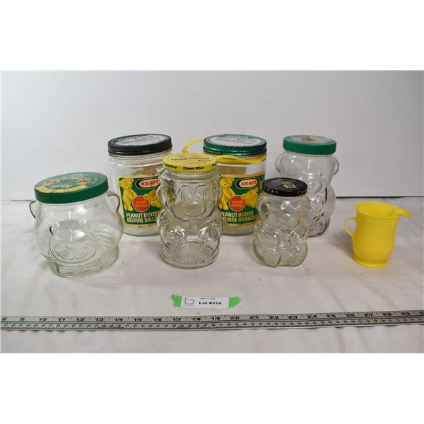 (2 X THE MONEY) 6 Kraft Peanut Butter, one CheezWhiz collectable Bear jars. 1 yellow cup.