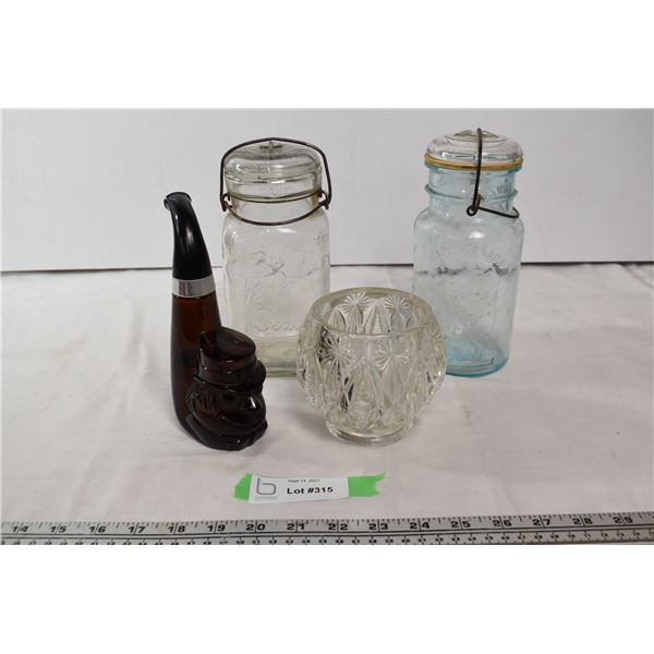2 Perfect seal glass jars, 1 bottle of vintage Avon Leather after shave, 1 glass candy bowl