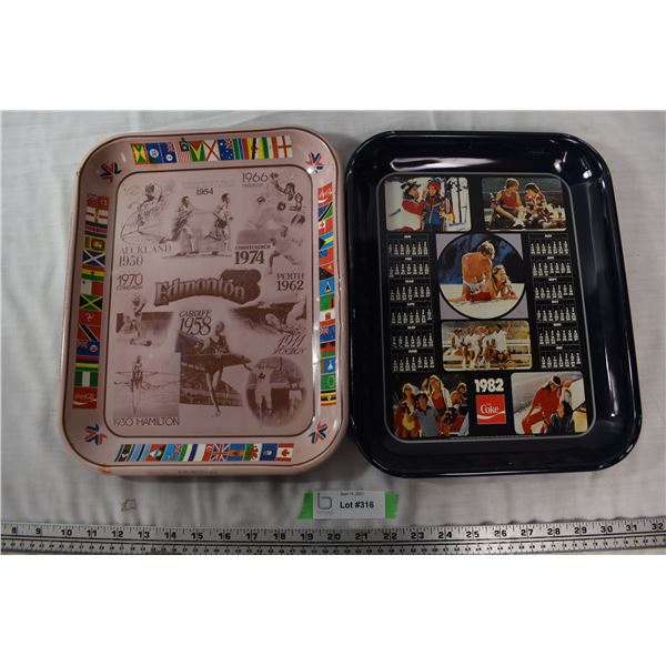 (2 X THE MONEY) Vintage Coca Cola trays 1982 calendar and Edmonton '78 styles.
