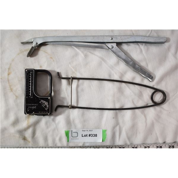 Fishing supplies. 1 Fish scale, 1 mouth opener, 1 long pliers